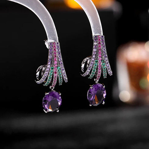 Rhodium Plated Black Purple Cubic Zirconia Oval Chandelier Dangle Drop Earrings